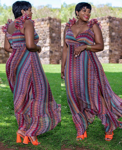 Women’s striped maxi dress with V-neck and flutter ruffle shoulder straps