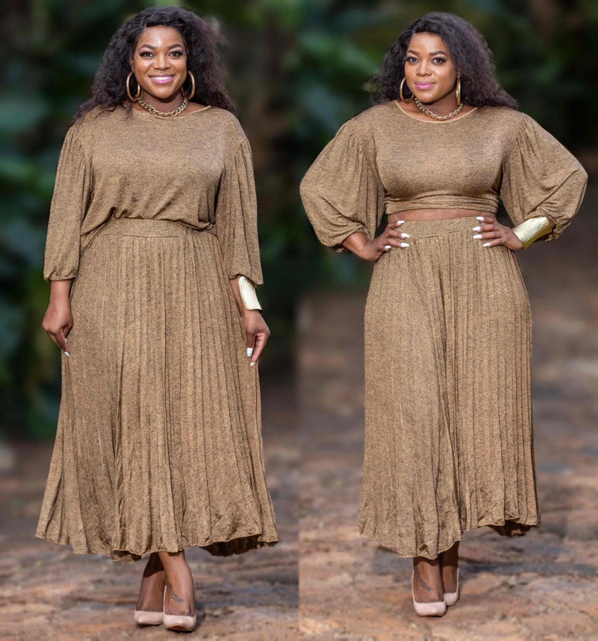 Round Neckline Crop Top with Coordinating Pleated Skirt Ensemble