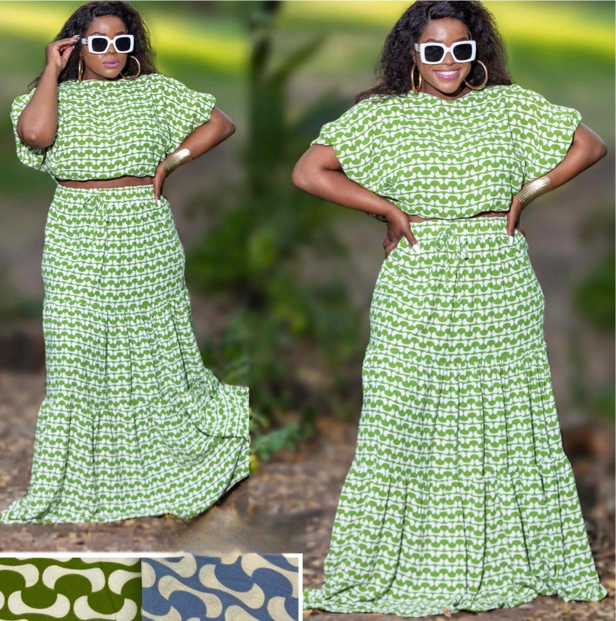 Green geometric crop top and maxi skirt twin set with short cap sleeves and tiered skirt