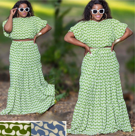 Green geometric crop top and maxi skirt twin set with short cap sleeves and tiered skirt