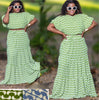Green geometric crop top and maxi skirt twin set with short cap sleeves and tiered skirt