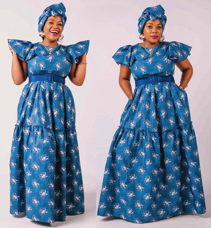Blue floral maxi dress with puff sleeves, round neck, and adjustable belt