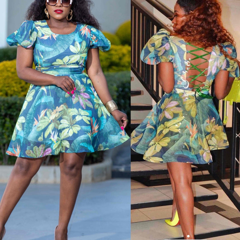 Floral puff sleeve dress in blue with flared skirt and lace-up crisscross back