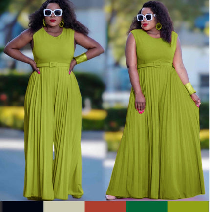 Green-yellow sleeveless pleated wide-leg jumpsuit with waist belt, adjustable fit