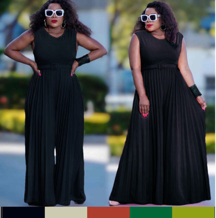 Black sleeveless pleated wide-leg jumpsuit with waist belt, adjustable fit