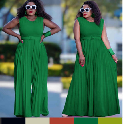 Green sleeveless pleated wide-leg jumpsuit with waist belt, adjustable fit