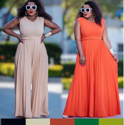 Beige and orange sleeveless pleated wide-leg jumpsuit with waist belt