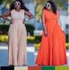 Beige and orange sleeveless pleated wide-leg jumpsuit with waist belt