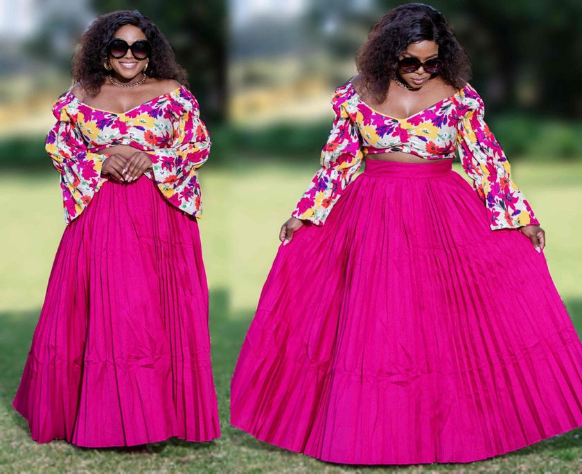 Garden Motif Exposed Shoulder Top & Voluminous Skirt