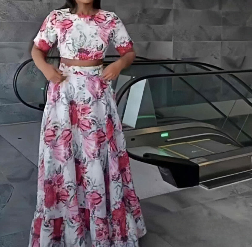 Floral Print Short-Sleeve Top & Full-Length Skirt Set