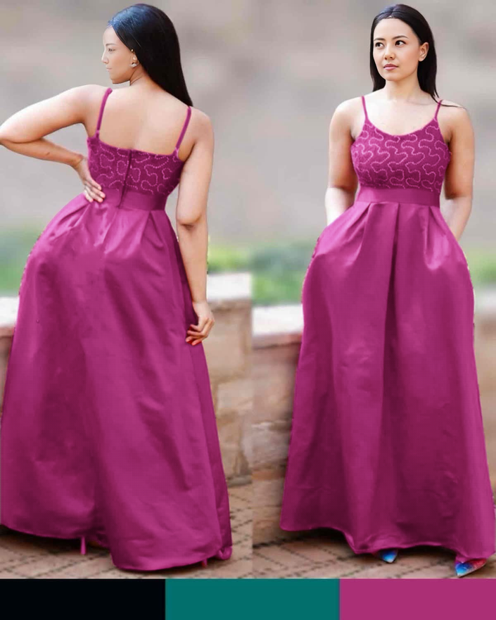Fuchsia maxi dress with spaghetti straps, patterned bodice, and full gathered skirt