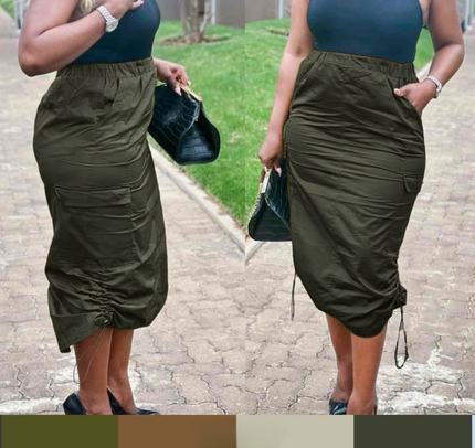 Olive green midi skirt with adjustable side drawstring, gathered waist, and front pockets