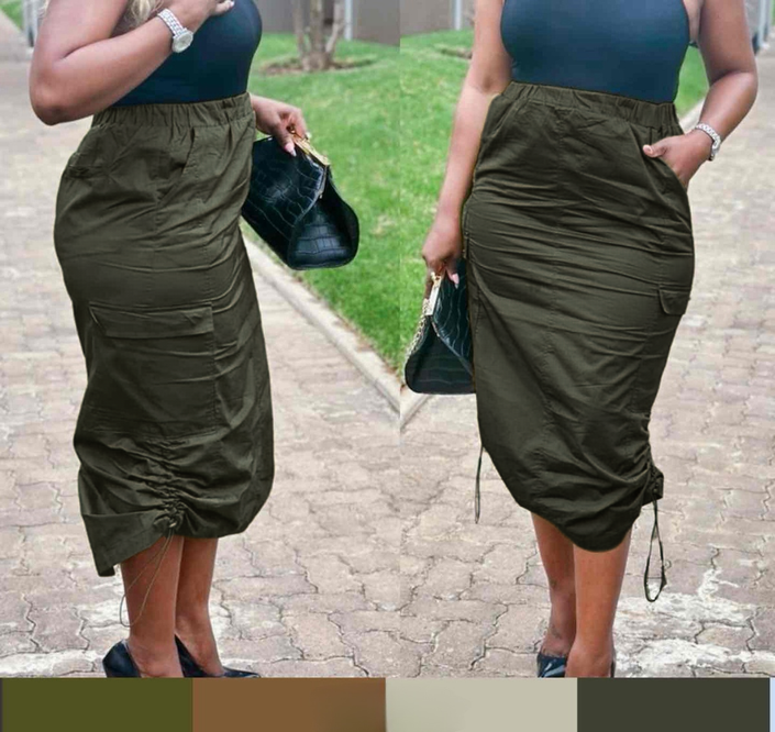 Olive green midi skirt with adjustable side drawstring, gathered waist, and front pockets
