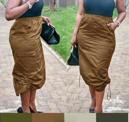 Brown midi skirt with adjustable side drawstring, gathered waist, and front pockets