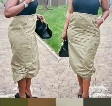 Beige midi skirt with side drawstring, gathered waist, and front pockets
