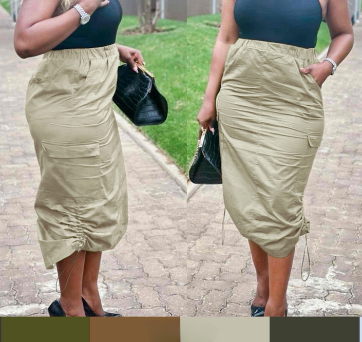 Beige midi skirt with side drawstring, gathered waist, and front pockets