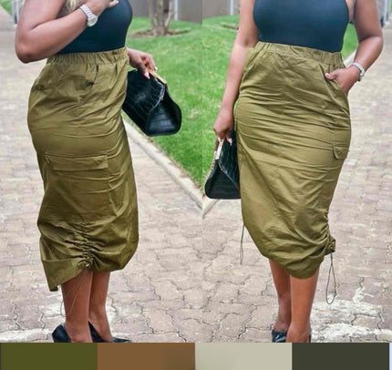 Light olive midi skirt with side drawstring, gathered waist, and front pockets