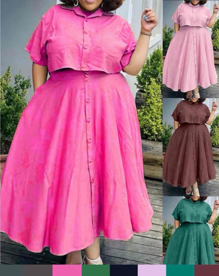 Pink midi button-up shirt dress with flared skirt, short sleeves, collar