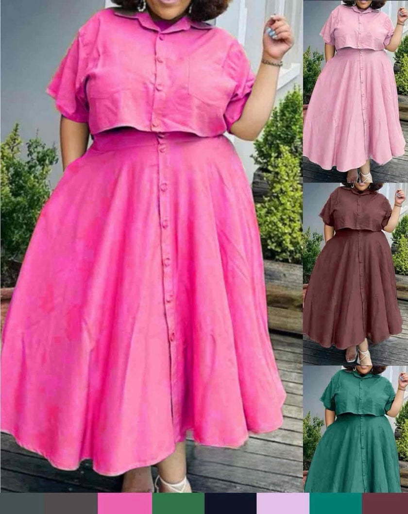 Pink midi button-up shirt dress with flared skirt, short sleeves, collar