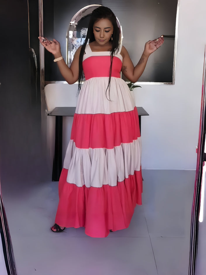 Layered two-tone dress with red and white tiered skirt, sleeveless bodice