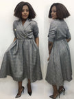 Grey plaid midi coat dress with collar, button front, and cinched waist