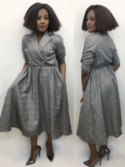 Grey plaid midi coat dress with collar, button front, and cinched waist
