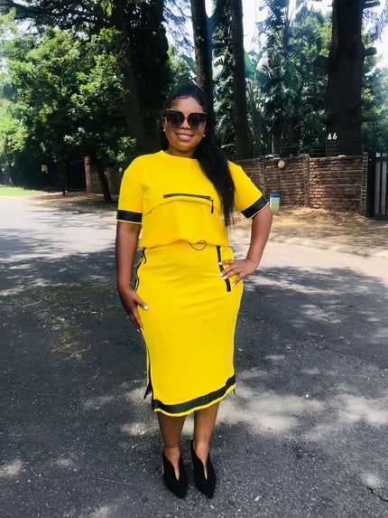 Yellow midi dress set with short sleeves, front zip pocket, and contrast trim