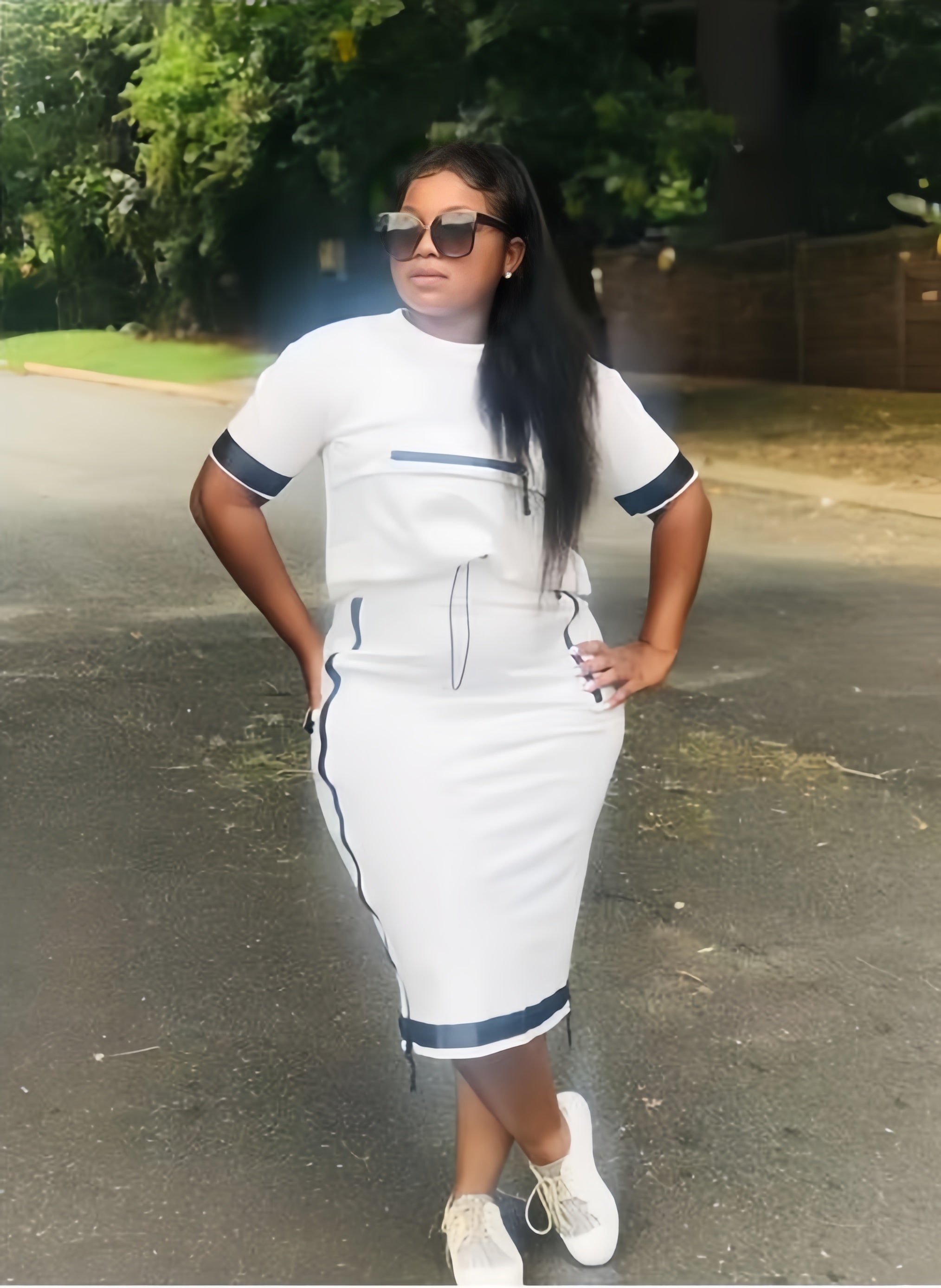 White midi dress set with short sleeves, front zip pocket, and navy contrast trim
