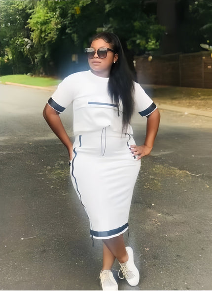 White midi dress set with short sleeves, front zip pocket, and navy contrast trim