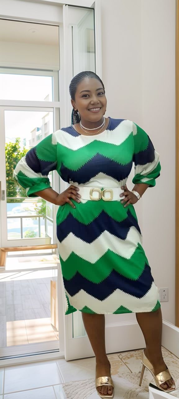 Women's Chevron Pattern Dress with Three-Quarter Sleeves and Belt Decoration