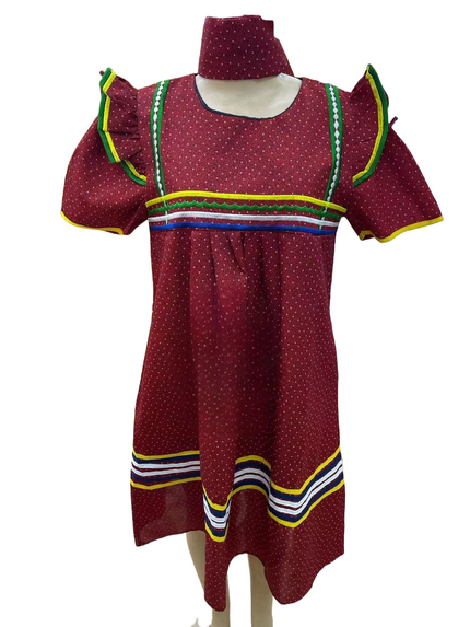 Burgundy midi dress with short sleeves and striped trim at neckline and hem