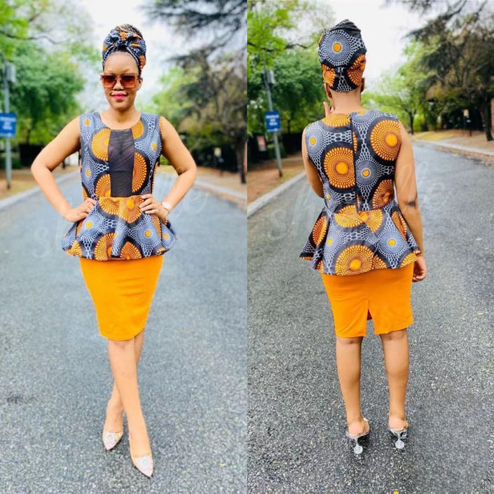 African print peplum top and mustard pencil skirt set