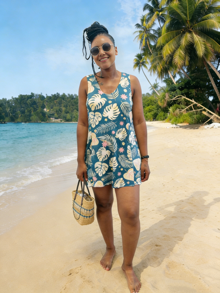 Tropical print swim dress, sleeveless blue with white leaf and pink accents