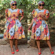 Floral Print Puff Sleeve Tie-Waist Flare Dres