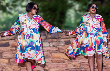Printed midi dress, collared button-front with long sleeves, colorful abstract print