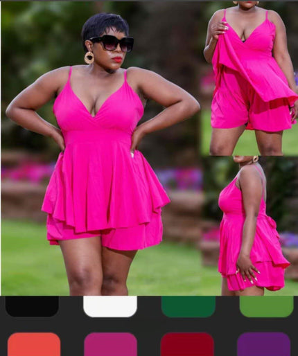Deep-pink layered romper jumpsuit with V-neck, spaghetti straps, and ruffle tiers