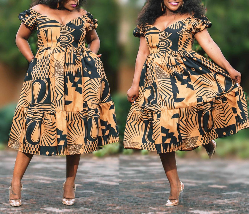 Off-Shoulder Geometric Print Flare Dress with Fitted Bodice