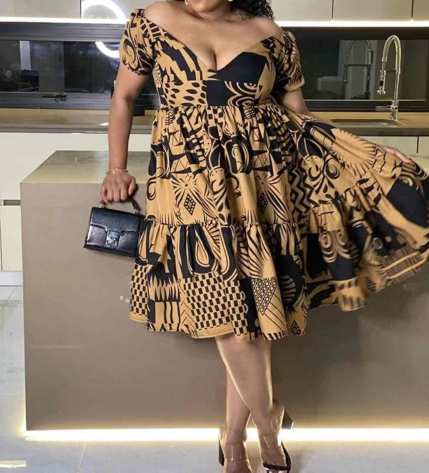 Off-Shoulder Geometric Print Flare Dress with Fitted Bodice