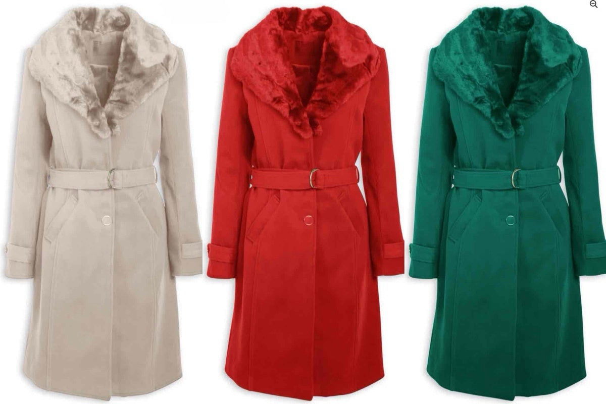 Belted fur-collar coats in beige, red, and green