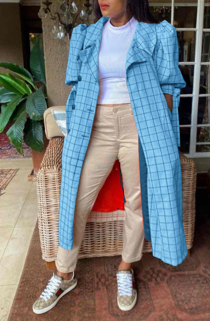 Plaid Patterned Long Trench Coat for Business and Casual Occasions in Spring and Autumn