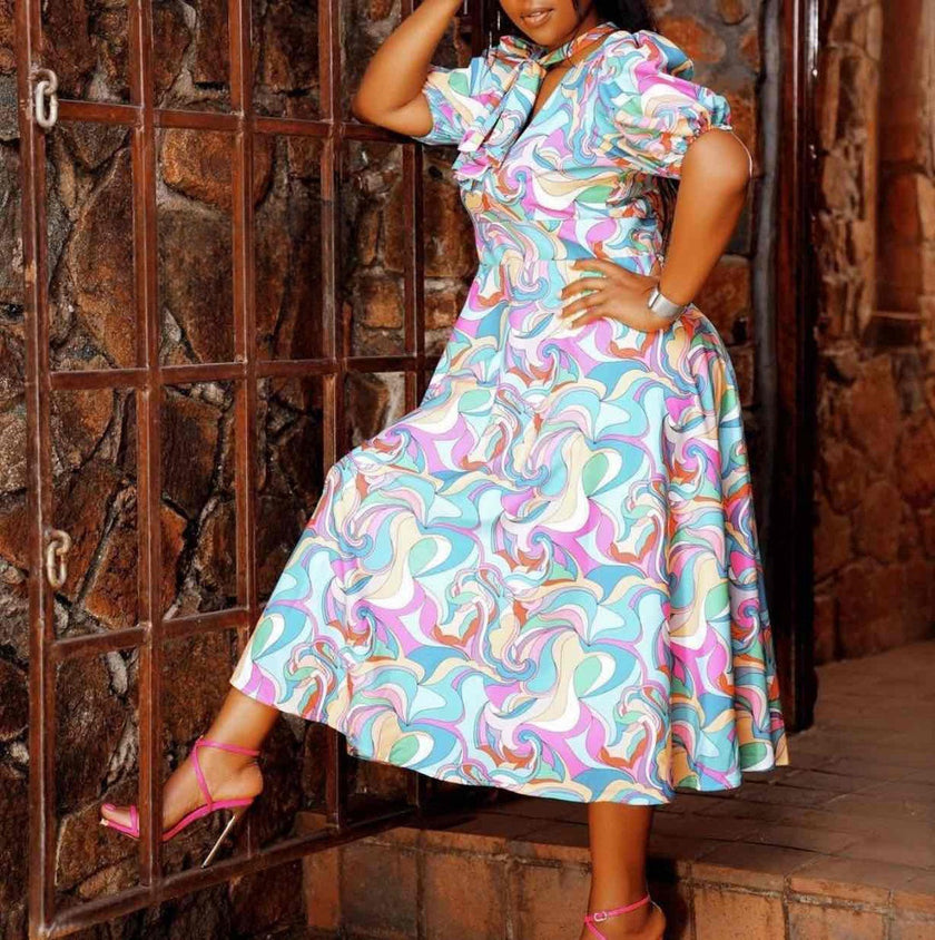 Abstract Print Round Neck Short Sleeve Ruffle Hem Midi Dress