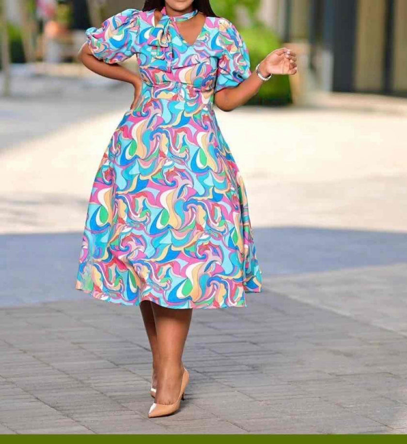Abstract Print Round Neck Short Sleeve Ruffle Hem Midi Dress