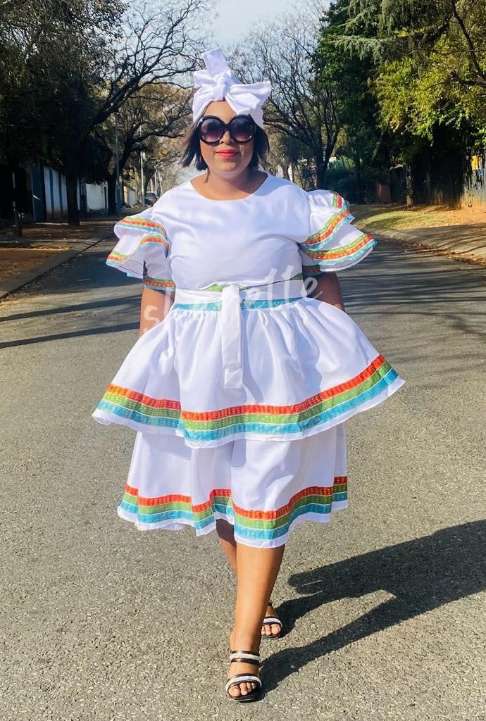 White skirt dress set with rainbow-trim puff sleeves and tiered skirt