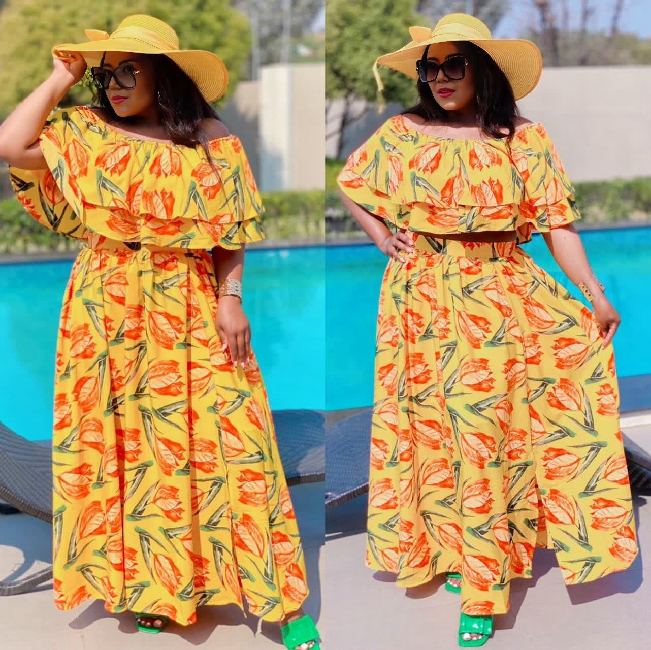 Off-shoulder yellow floral maxi dress with ruffled neckline and tie waist belt.