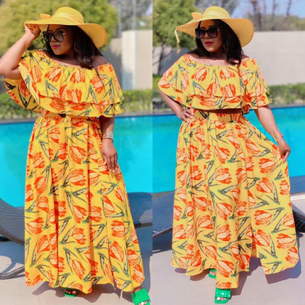 Off-shoulder yellow floral maxi dress with ruffled neckline and tie waist belt.