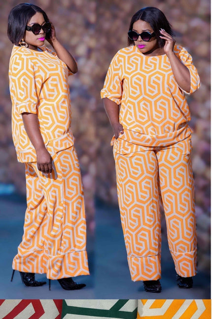 Geometric twin set: yellow patterned 3/4-sleeve top and wide-leg pants
