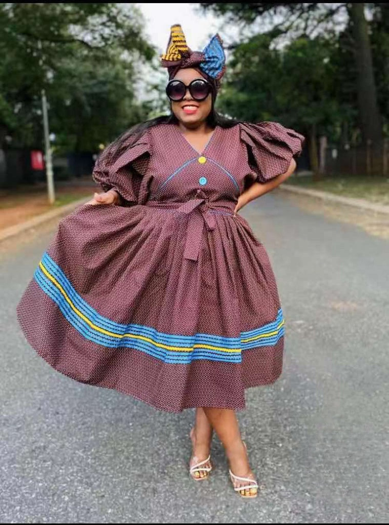 Traditional Puff-Sleeve Dress with Cinched Waist and Striped Hem Detail