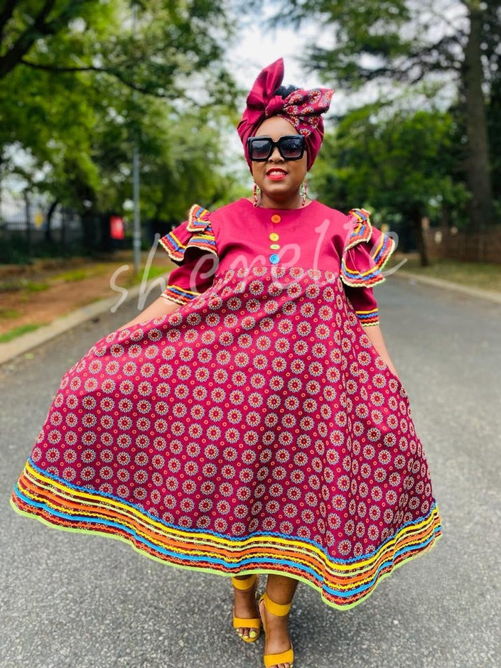 Traditional Dress Ruffle Sleeve Circle Motif Festive