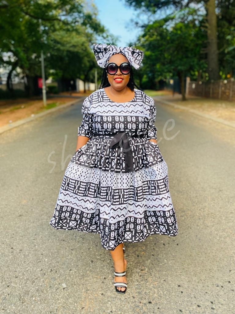 Traditional Geometric Patterned Dress with Headwrap Set