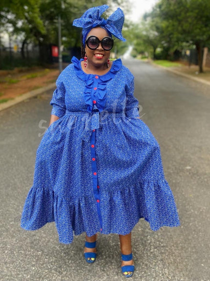 Heritage Wear ruffle-detail maxi dress, blue with ruffled collar and button front